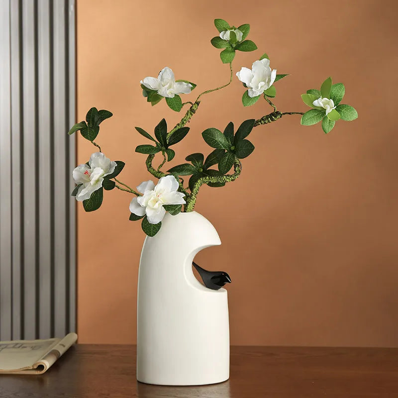 Modern Ceramic Vase with Bird Sculpture Simple Vase for Home Living Room Decoration Flower Arrangement Accessories Ceramic Vase