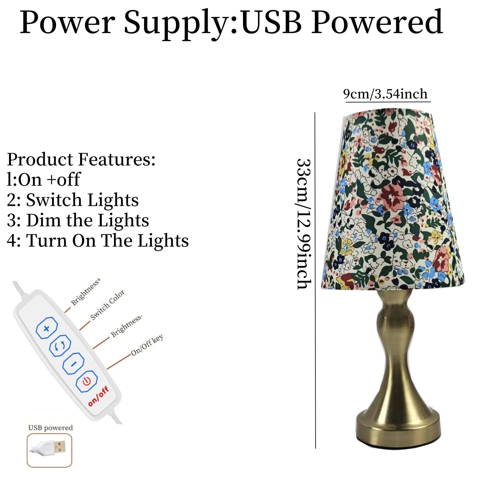 Table Lamp with Golden Base and Floral Fabric Lampshade, USB-Powered with Three-Tone Dimming, Suitable for Multiple Room Types