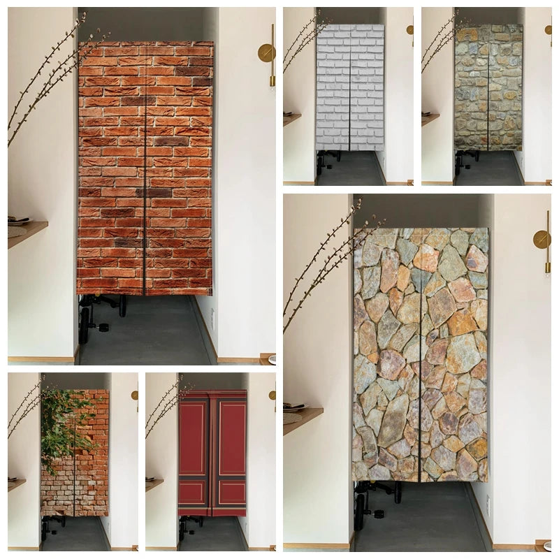 Retro Brick Noren Door Curtains Natural Stone Texture Vintage Red Linen Doorway Curtains Home Decor Room Divider Half-curtains
