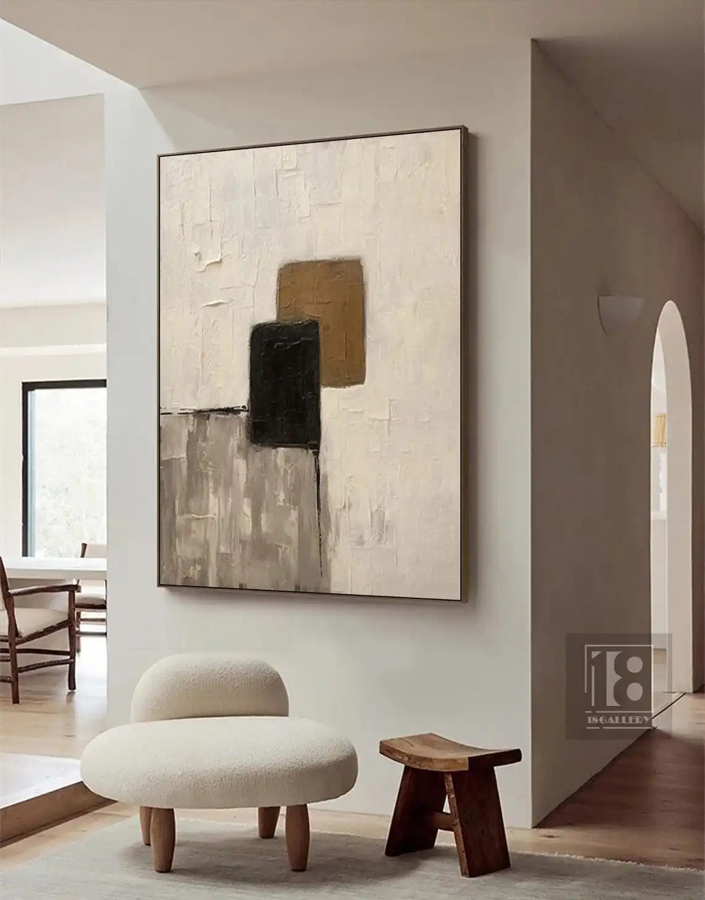 Large Creamy Beige Abstract Geometric Oil Painting Modern Wabi Sabi Wall Art Brown Black Minimalist Wall Art Textured Painting