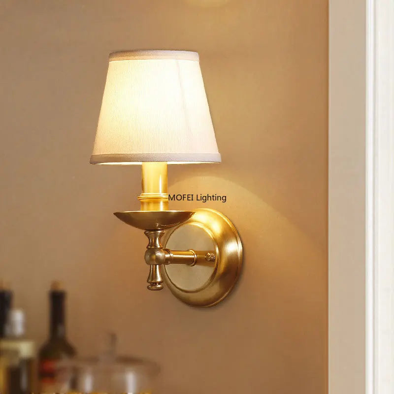 American Retro All Copper Fabric Wall Lights European Style Living Room LED Bedside Mirror Front Lamp Aisle Staircase Lighting