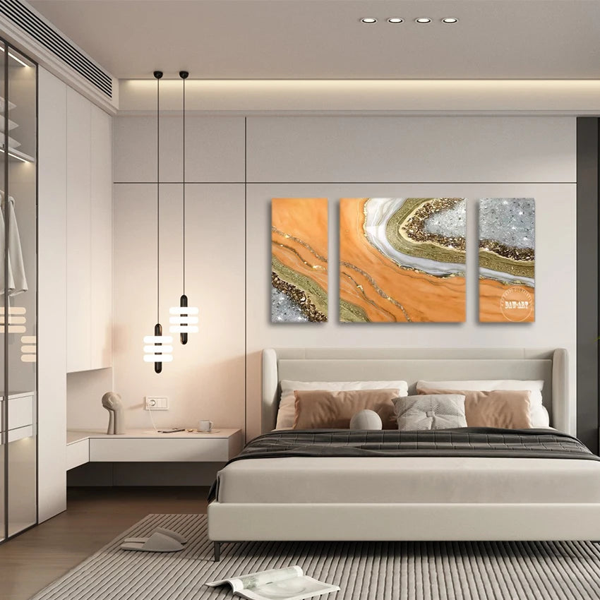 Art Canvas Roll, Gold Foil Modern Artwork, 3PCS, Abstract Oil Paintings, Large Size, Picture Wall, Restaurant Decoration Piece