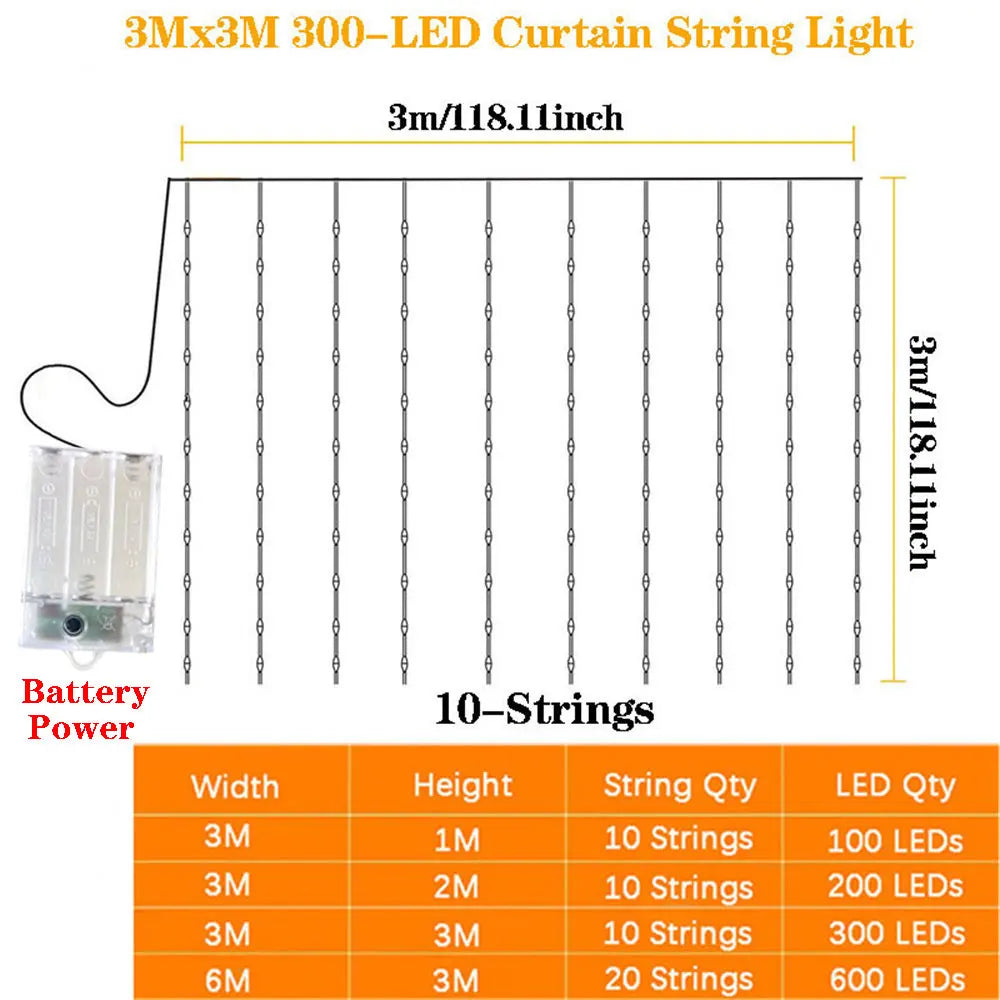 Curtain LED String Lights Garland Battery Festoon 8 Lighting Modes Fairy Garland Lights Christmas Decoration for Bedroom Home