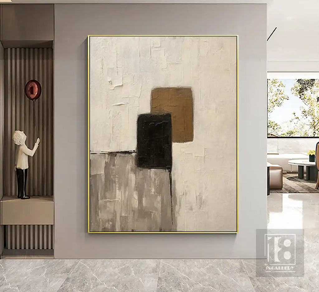 Large Creamy Beige Abstract Geometric Oil Painting Modern Wabi Sabi Wall Art Brown Black Minimalist Wall Art Textured Painting