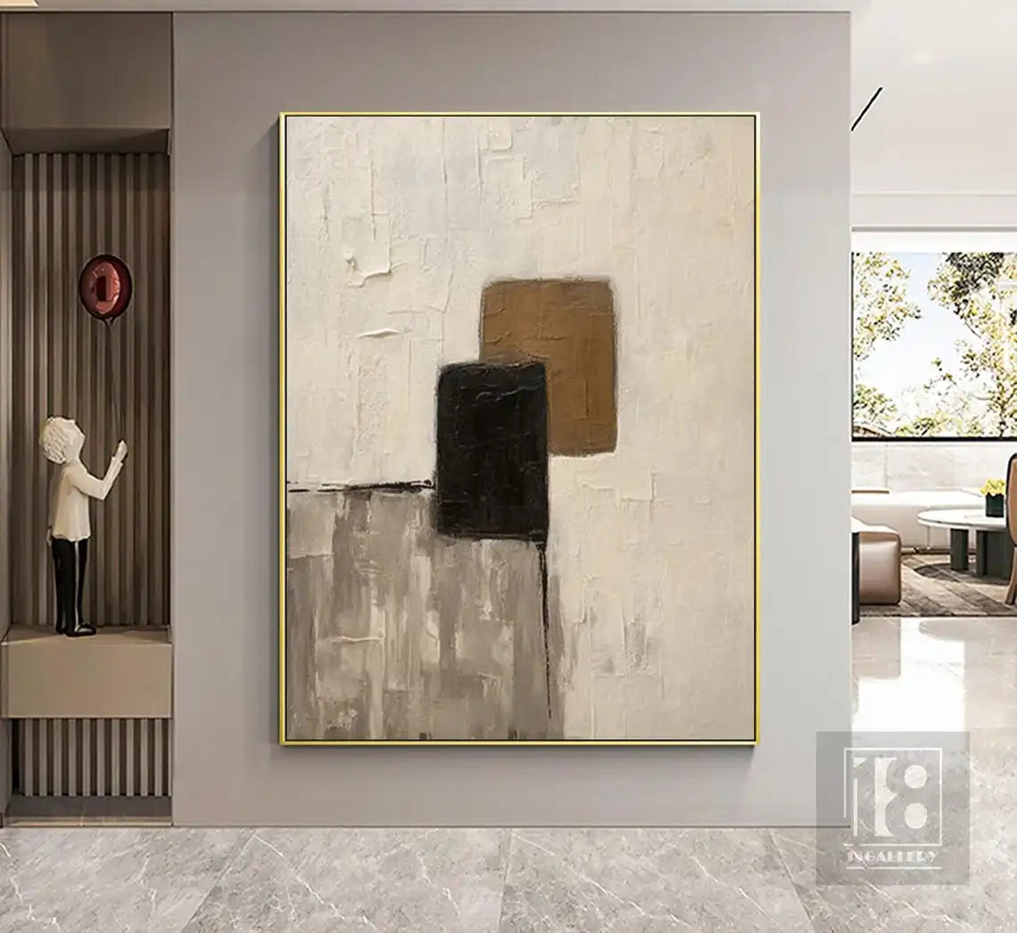 Large Creamy Beige Abstract Geometric Oil Painting Modern Wabi Sabi Wall Art Brown Black Minimalist Wall Art Textured Painting