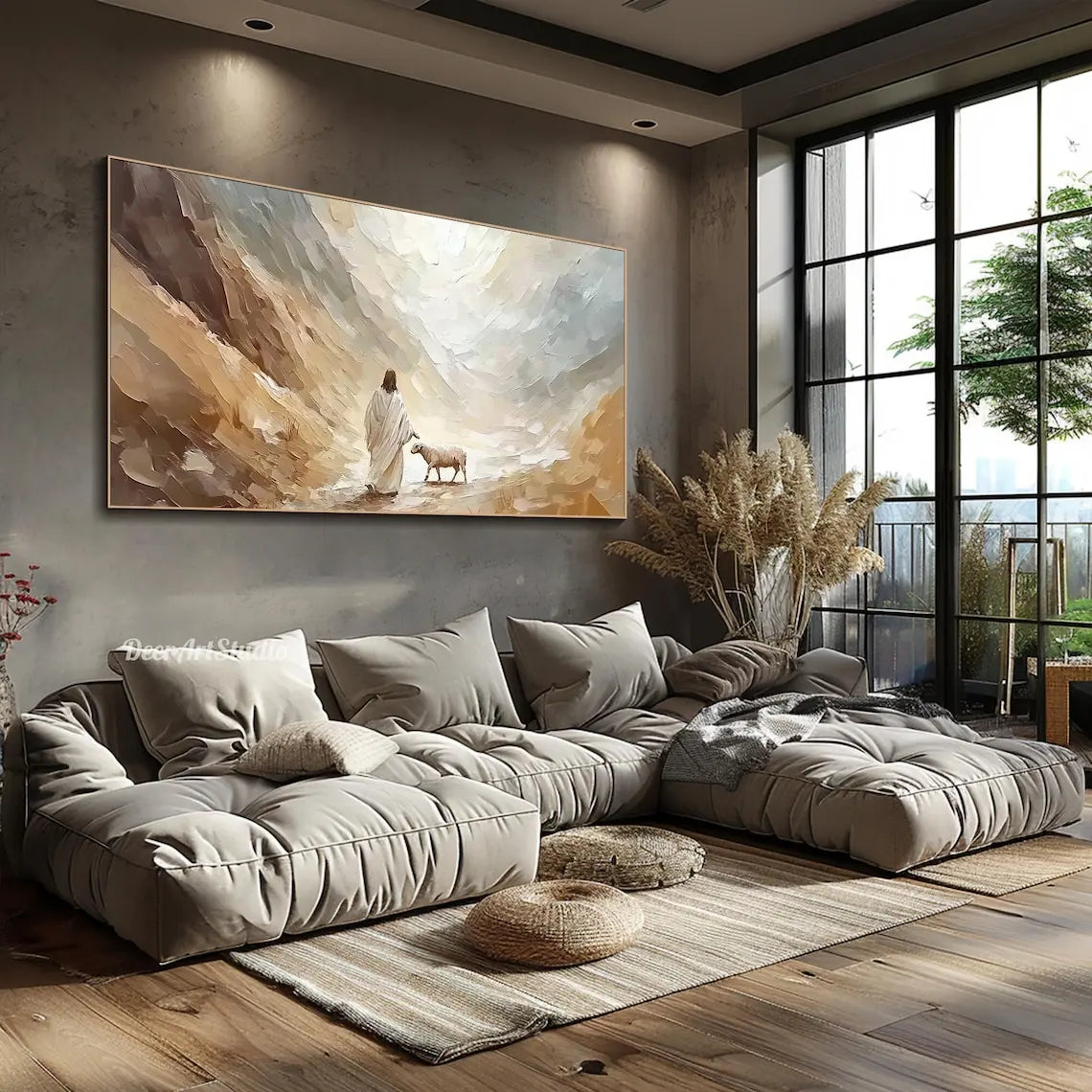 3D Textured Canvas Painting Wall Art Inspirational Pastel Jesus in Nature Oil Painting Christian Faith Wall Decor Wabi sabi Room
