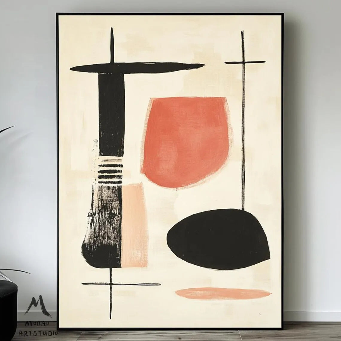 Beige Minimalist Handmade Painting Boho Canvas Wall Art Beige Abstract Painting Black Texture Painting Living Room Wall Decor