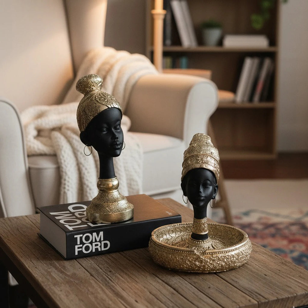 Resin African-Style Sculpture (Black & Gold) , Multi-Functional Decor/Candle Holder for Desk/Shelf, Luxury Home Accent