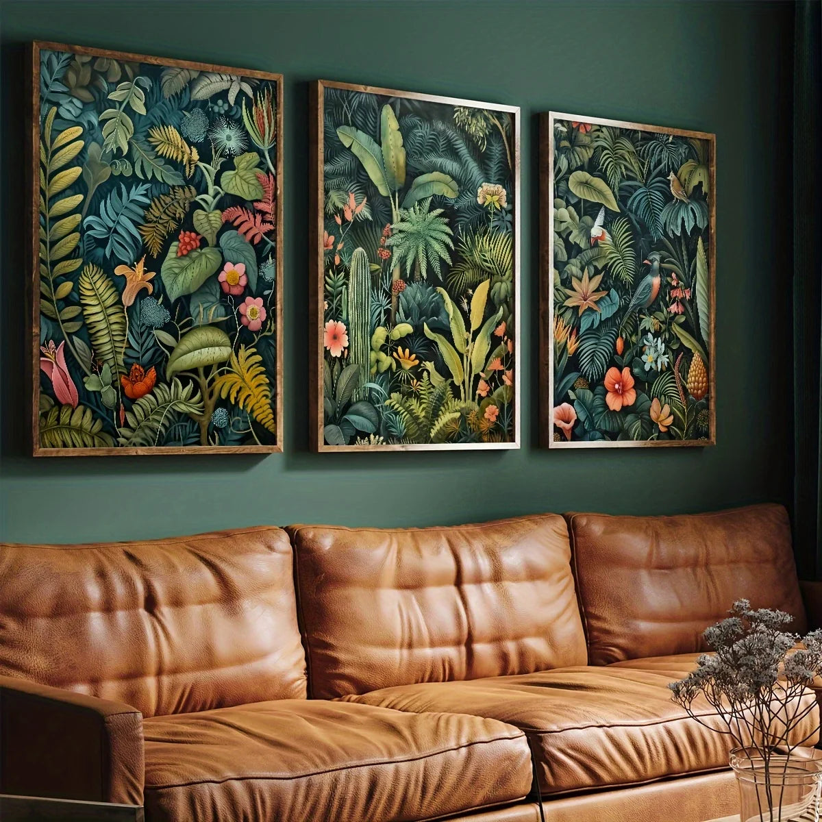 3pcs Set Vintage Jungleland Flower Henry Rousseau Inspired Wall Art Canvas Print,Plant Print Poster,Tropical Jungle Wall Art,Vintage Wall Art,Spring Decor,Living Room Gift,Home Decor,Flower and Leaves Woodland Wall Decor,No F