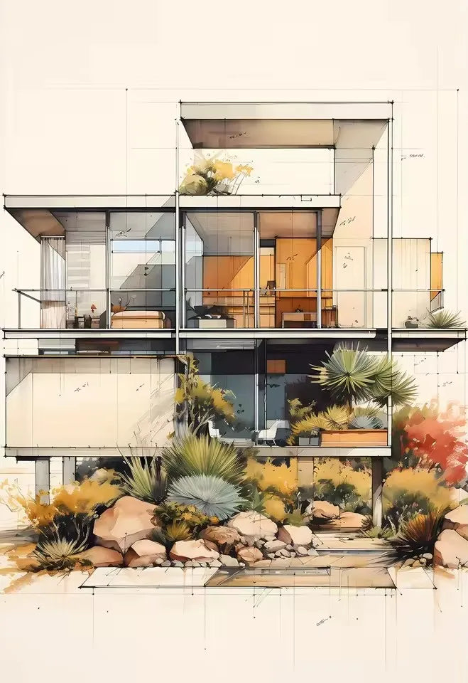 Minimalist Fallingwater House Bauhaus Classic Architecture Abstract Poster Canvas Painting Wall Art Pictures Living Home Decor