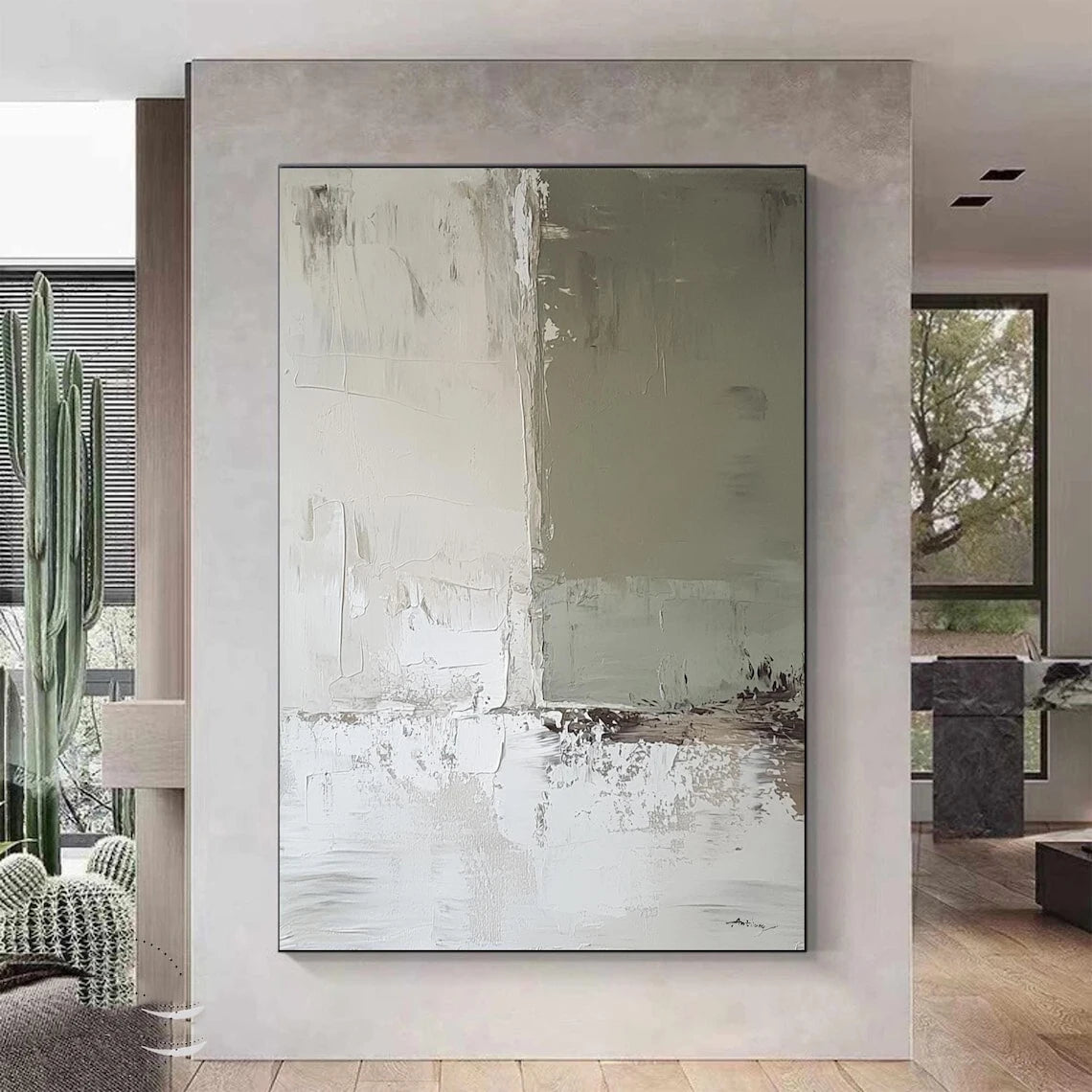 Beige Minimalist Handmade Painting Boho Canvas Wall Art Beige Abstract Painting Black Texture Painting Living Room Wall Decor