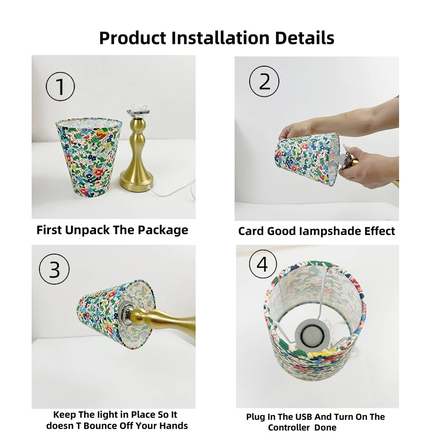 Table Lamp with Golden Base and Floral Fabric Lampshade, USB-Powered with Three-Tone Dimming, Suitable for Multiple Room Types