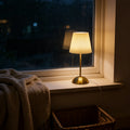 1PC Beige Pleated Fabric Table Lamp, USB Powered Brass Base Night Light, Compact Decor Lamp for Home & Dorm