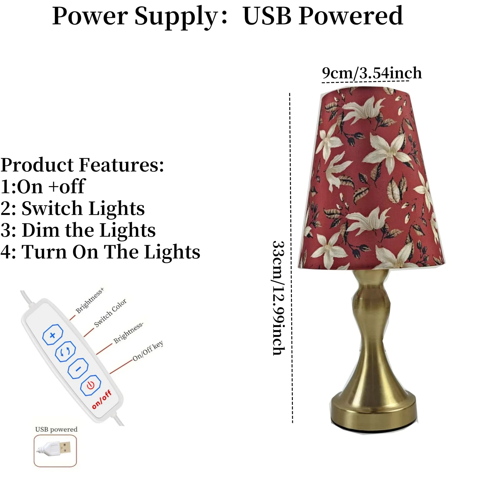 Table Lamp with Golden Base and Floral Fabric Lampshade, USB-Powered with Three-Tone Dimming, Suitable for Multiple Room Types