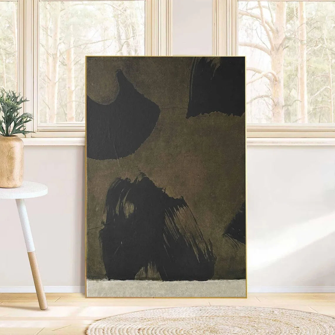 Beige Minimalist Handmade Painting Boho Canvas Wall Art Beige Abstract Painting Black Texture Painting Living Room Wall Decor