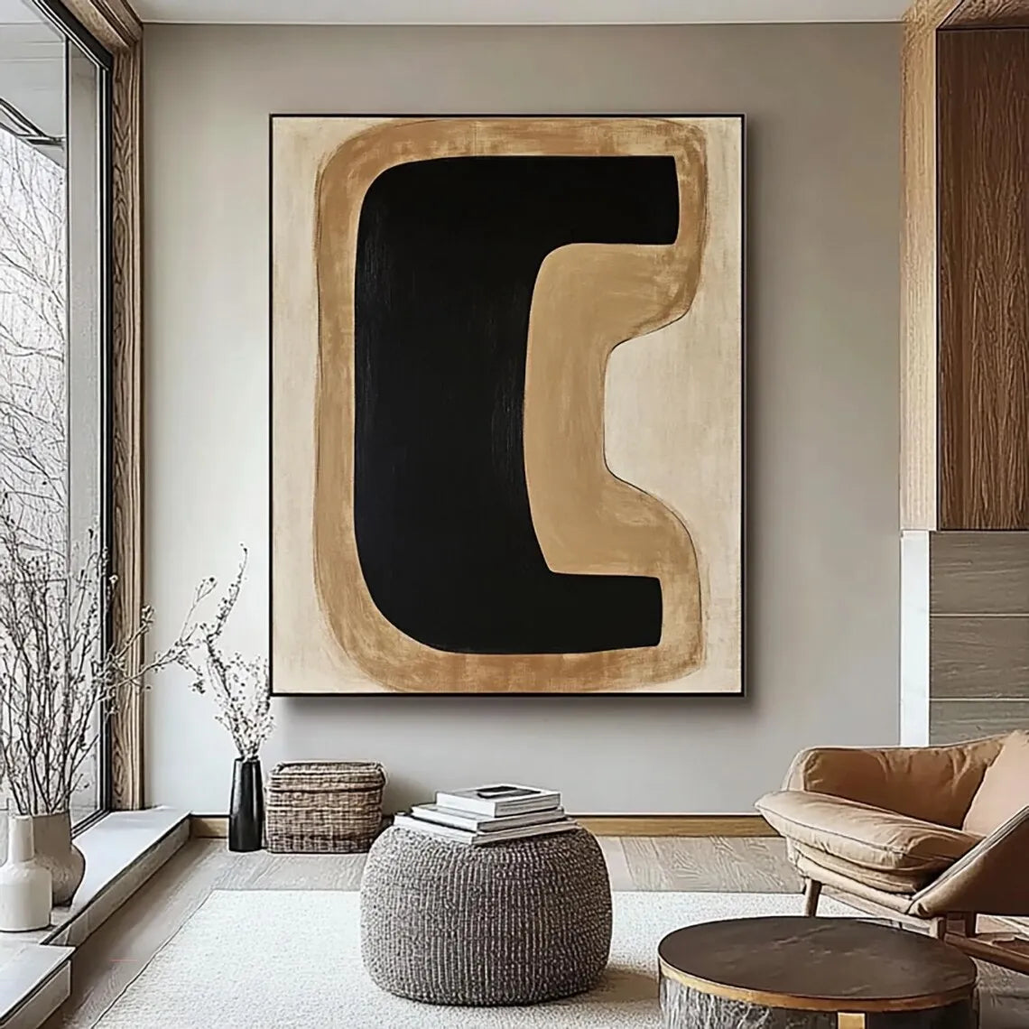 Beige Minimalist Handmade Painting Boho Canvas Wall Art Beige Abstract Painting Black Texture Painting Living Room Wall Decor