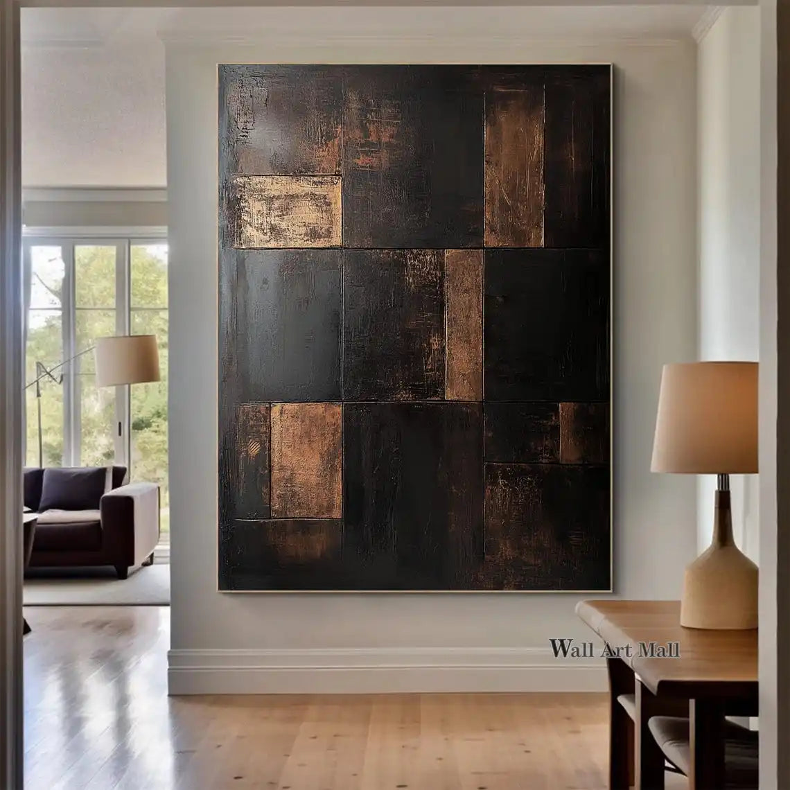 Large Abstract Black and Brown Minimalist Canvas Painting Wabi-sabi Handmade Painting Geometric Painting Gold Texture Wall Art