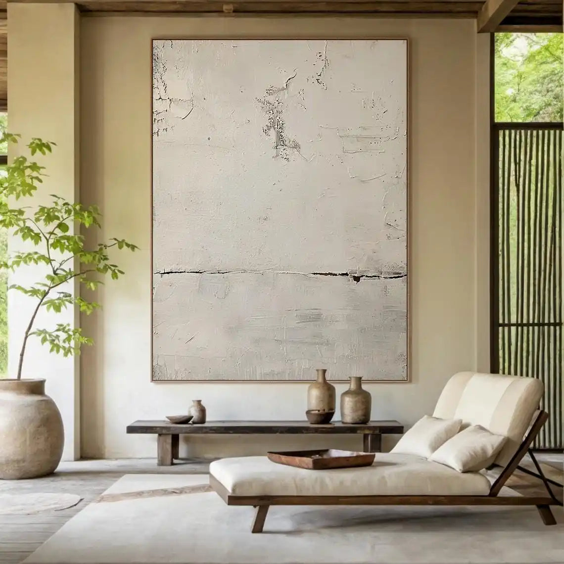 Large Creamy Beige Abstract Geometric Oil Painting Modern Wabi Sabi Wall Art Brown Black Minimalist Wall Art Textured Painting