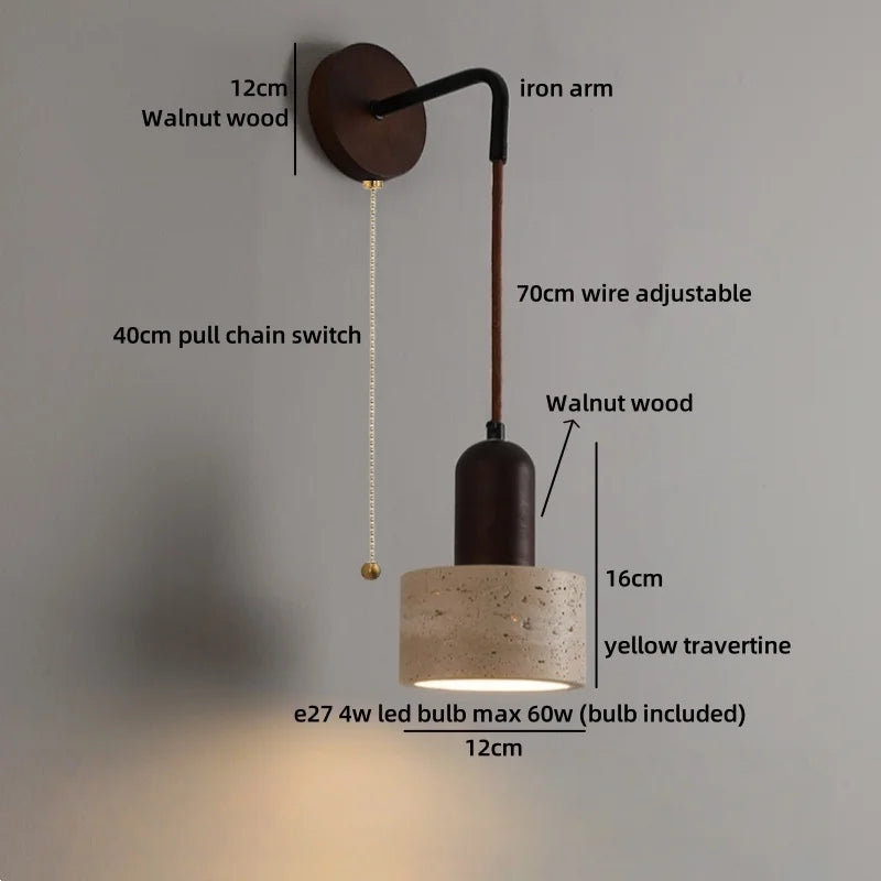IWHD Pull Chain Switch LED Wall Lights Indoor Bedroom Balcony Wood Yellow Stone Shade Wire Adjustable Bedside Lamp Lampara Pared