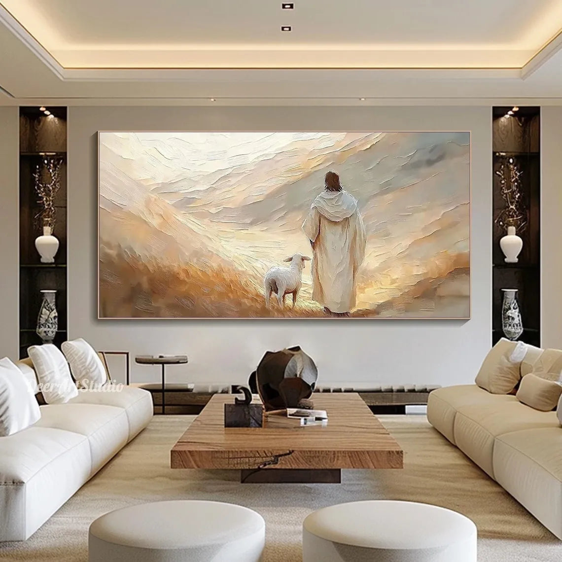 3D Textured Canvas Painting Wall Art Inspirational Pastel Jesus in Nature Oil Painting Christian Faith Wall Decor Wabi sabi Room
