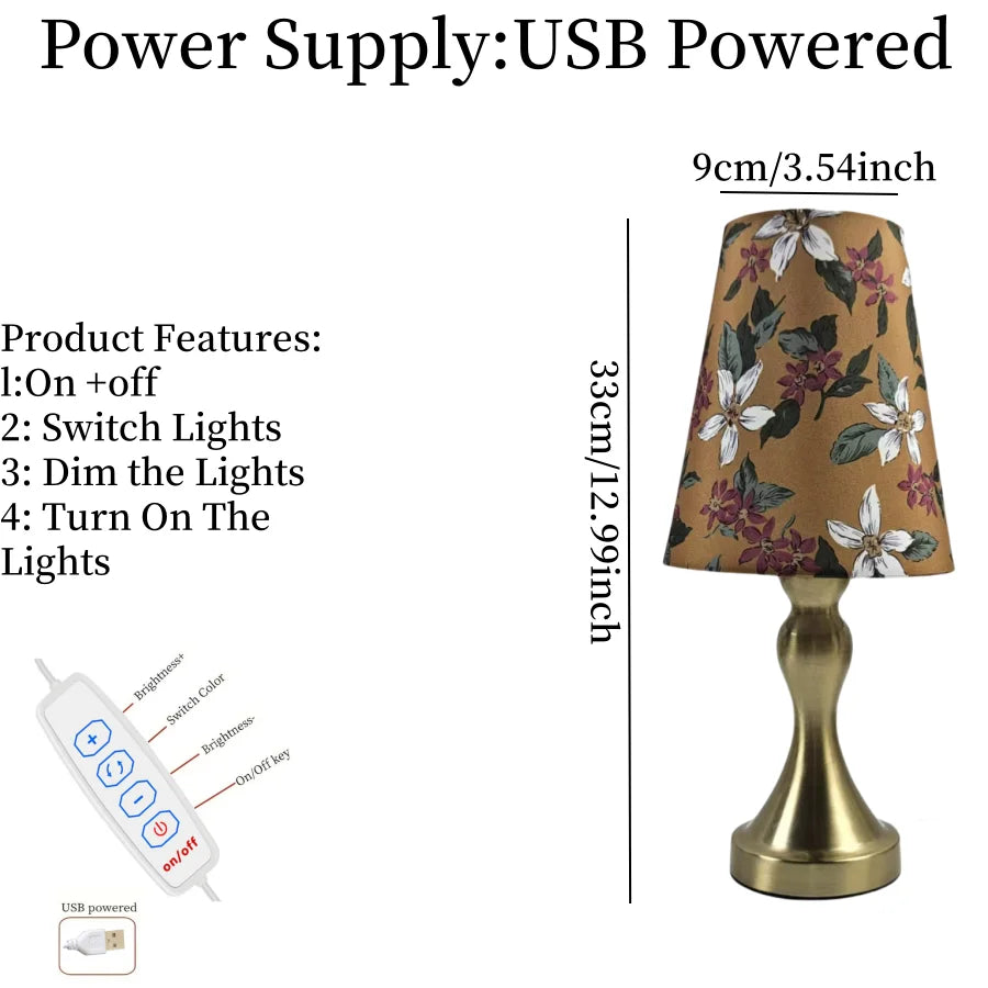Table Lamp with Golden Base and Floral Fabric Lampshade, USB-Powered with Three-Tone Dimming, Suitable for Multiple Room Types