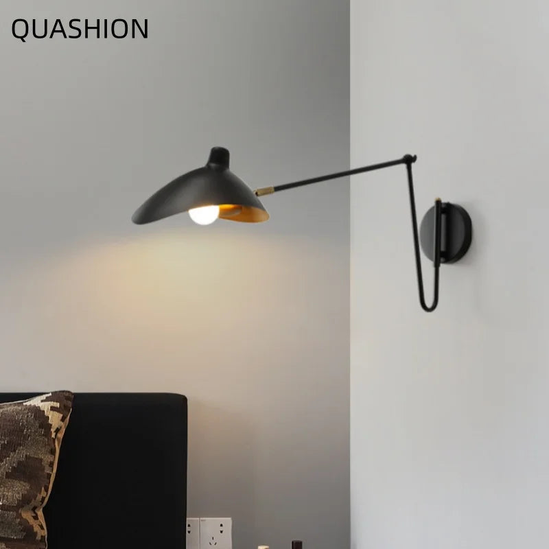 Black Swing Arm Wall Sconce Industrial Adjustable Metal Wall Lamp LED Reading Light For Bedroom Bedside Living Room Study E14