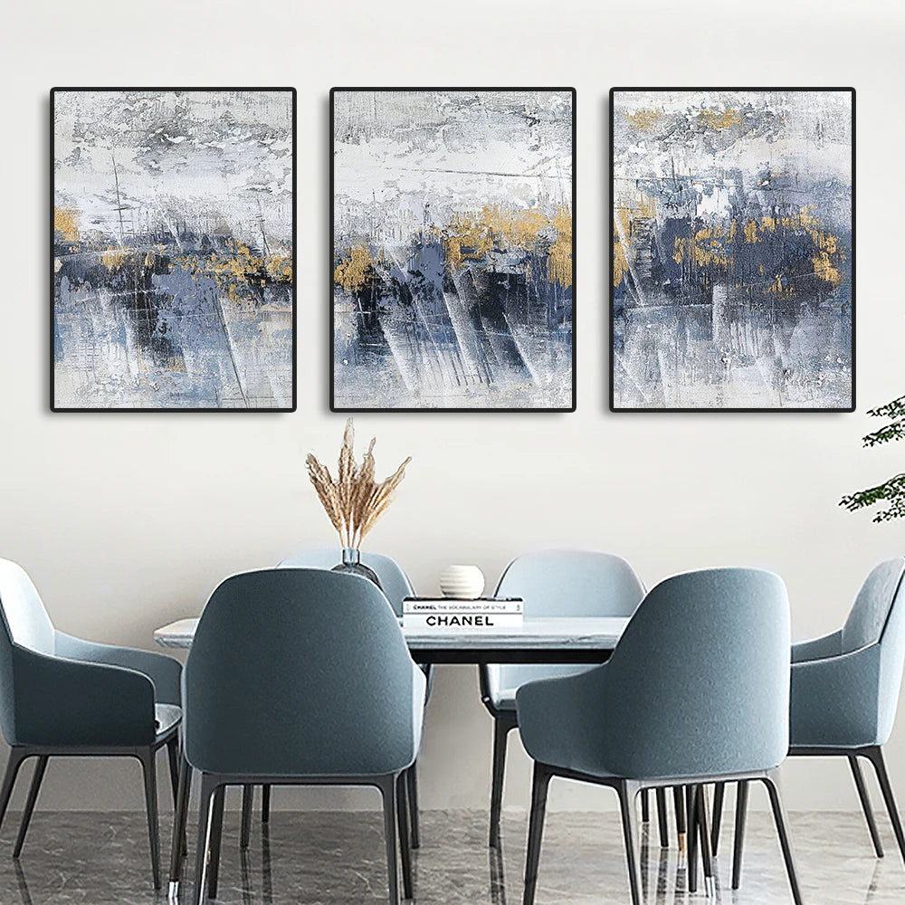 3PCS Frameless Modern Painting Blue Grey White Gold Wall Art HD Print Abstract Oil Painting on Canvas Pictures for Living Room