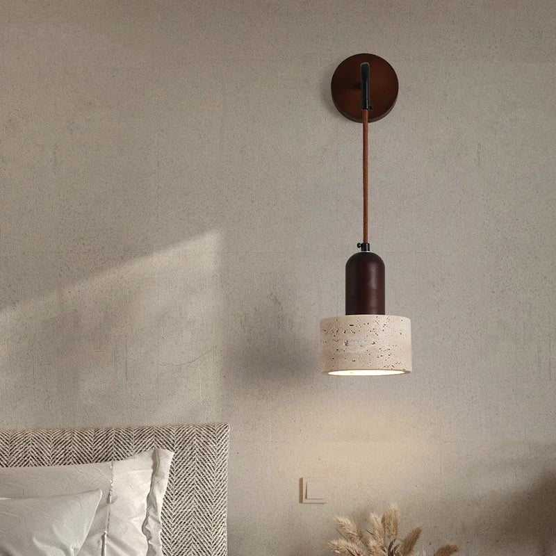 IWHD Pull Chain Switch LED Wall Lights Indoor Bedroom Balcony Wood Yellow Stone Shade Wire Adjustable Bedside Lamp Lampara Pared