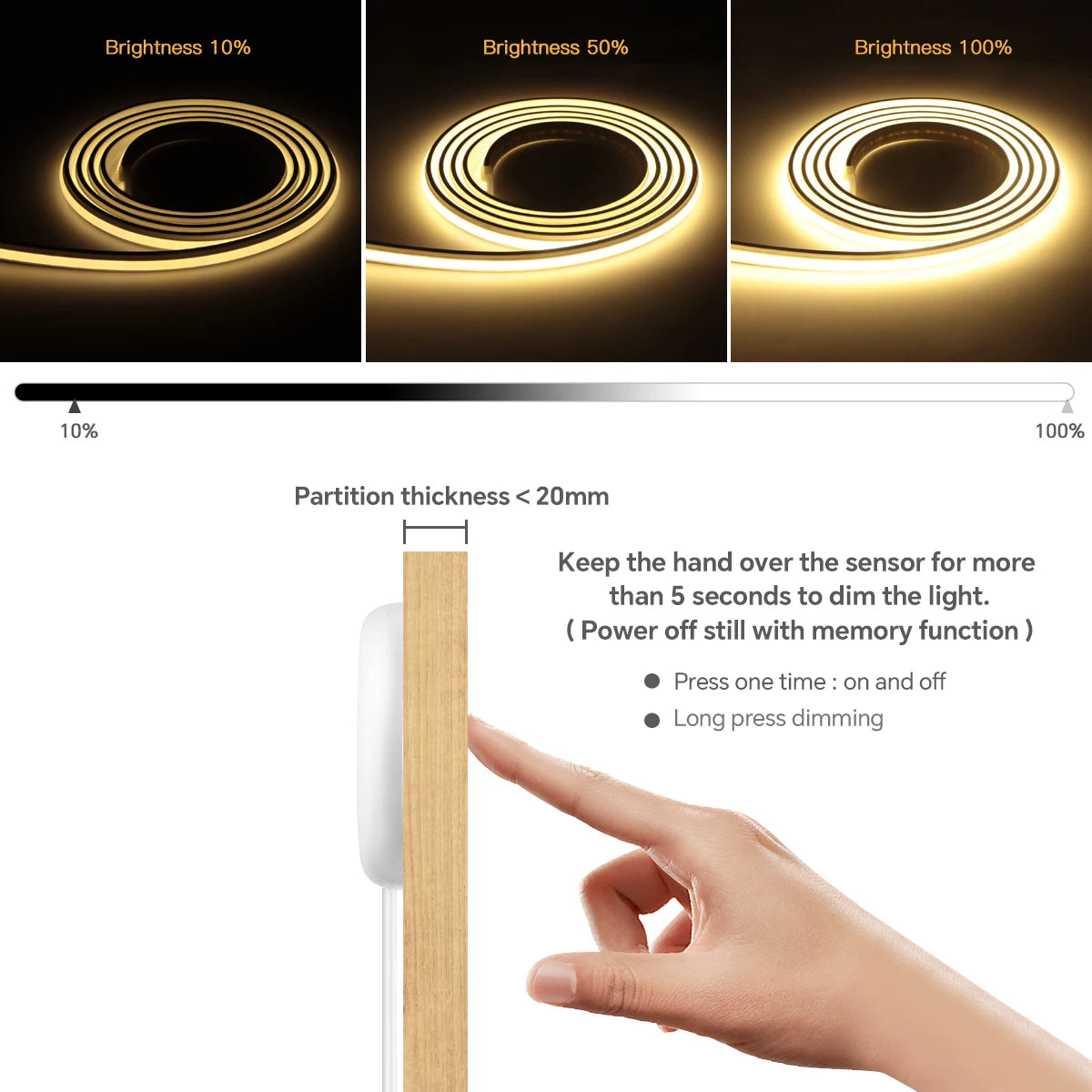 24V Cuttable Neon COB LED Strip Light Dimmable Motion Sensor Hand Scan Touch Dimming Tape Lamp Bedroom Kitchen Cabinet Decor