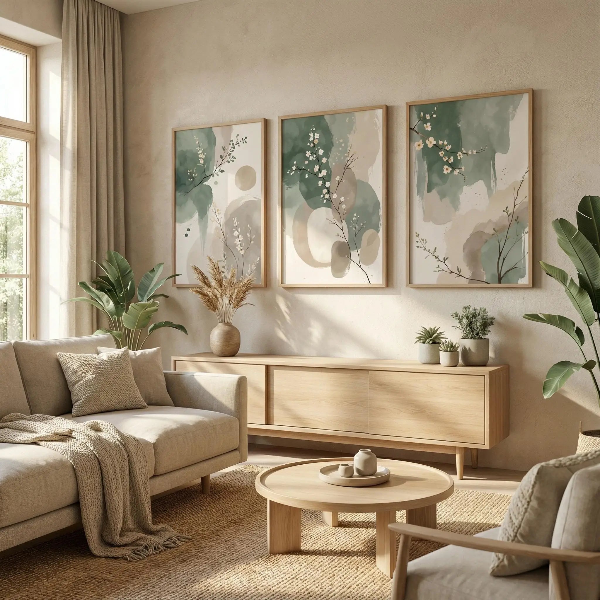 3PC Japandi Botanical Wall Art Poster Abstract Watercolor Leaves Sage Spring Green Beige Prints Modern Zen Decor Home Decor