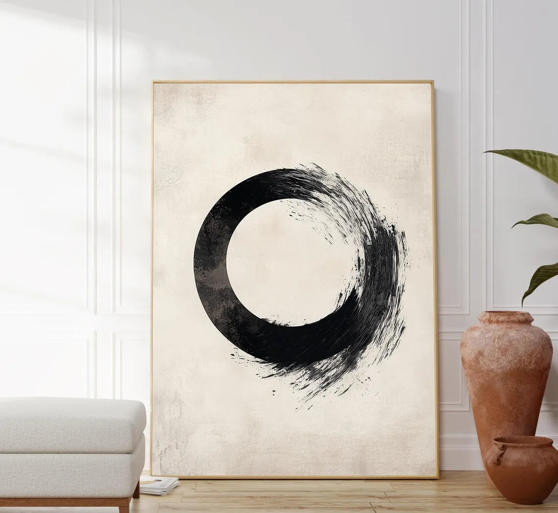 Beige Minimalist Handmade Painting Boho Canvas Wall Art Beige Abstract Painting Black Texture Painting Living Room Wall Decor
