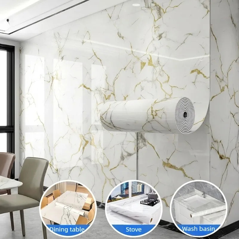 Peel and Stick Gold Vein Marble Wall Tile Sticker Self-Adhesive Waterproof Decorative Film for  TV Backdrop Renovation