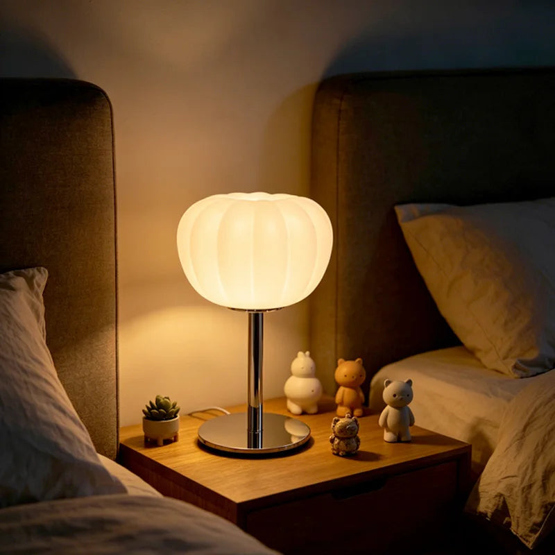 Pumpkin-Shaped Frosted Glass Table Lamp, Chrome Base LED Bedside Lamp for Bedroom, Living Room