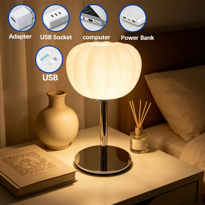 Pumpkin-Shaped Frosted Glass Table Lamp, Chrome Base LED Bedside Lamp for Bedroom, Living Room