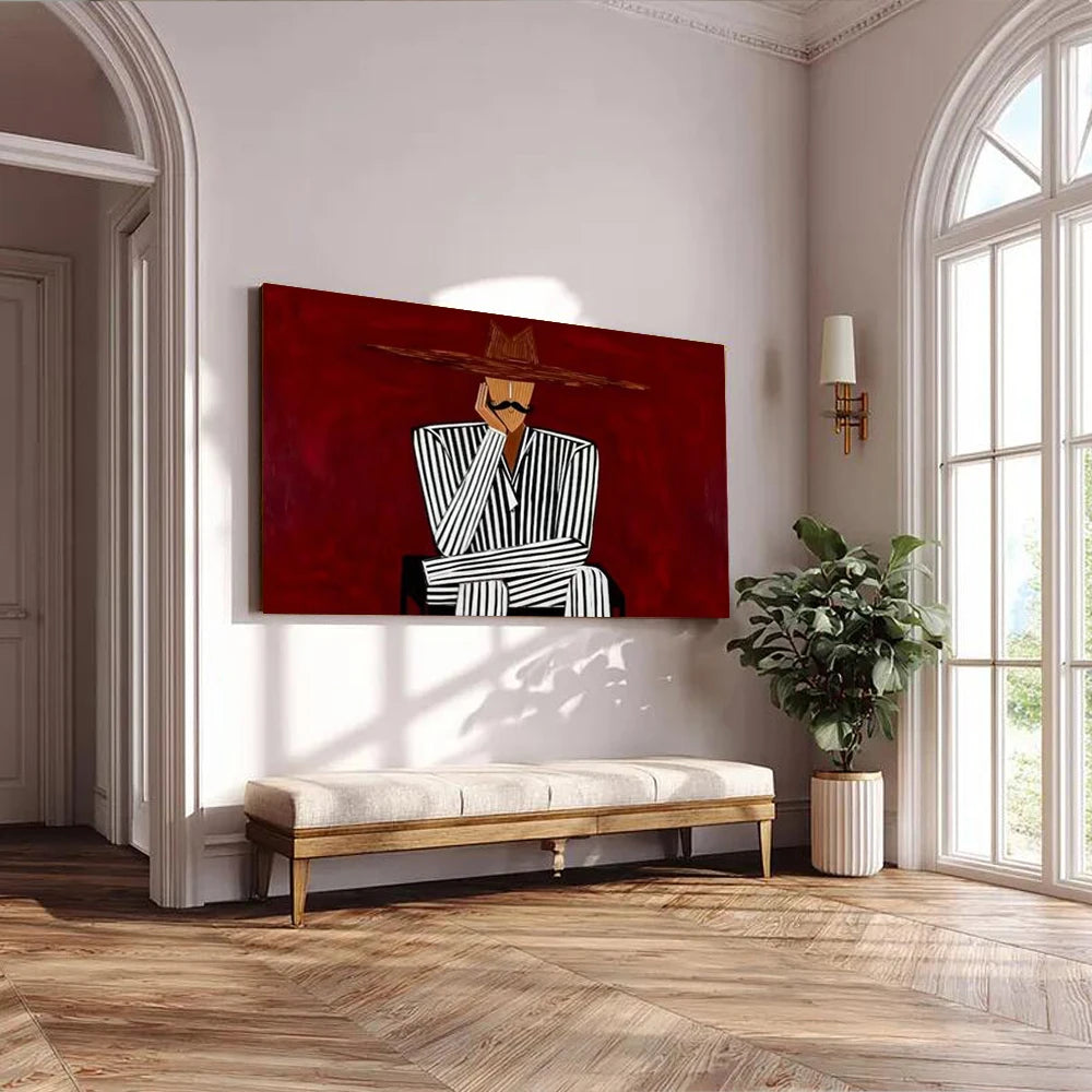Large Abstract Expressionist Oil Painting Western Tribal Striped Figures Hand Drawn Artwork for Wall Decor