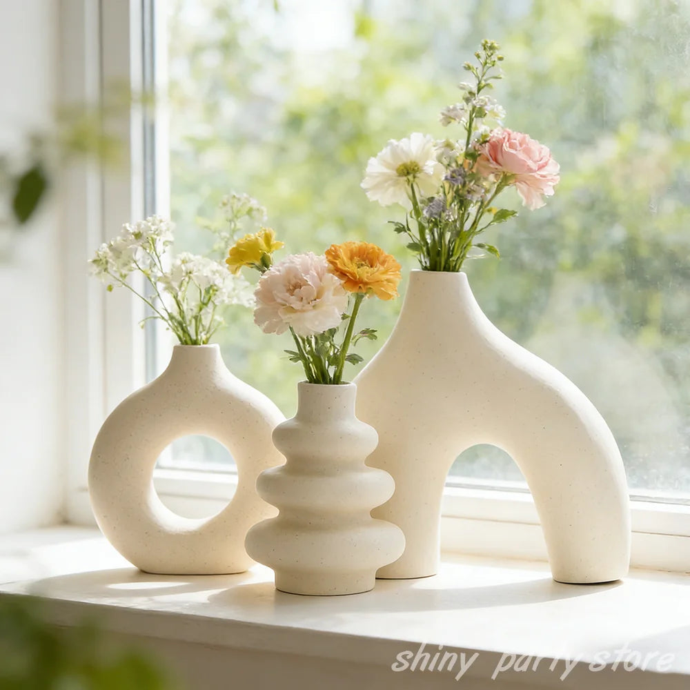 3pcs/set Geometric Vase Plain Fired Ceramic Crafts Home DecorationDesktop Ornaments White Black Flower Vase Window Sill Decor