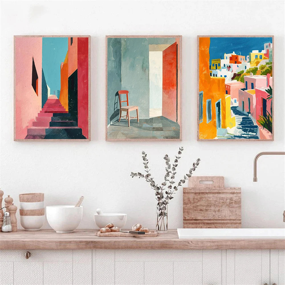 Pink Abstract Aesthetic Contemporary Greece Architecture Canvas Painting Mid Century Poster Print Wall Art Room Home Decor
