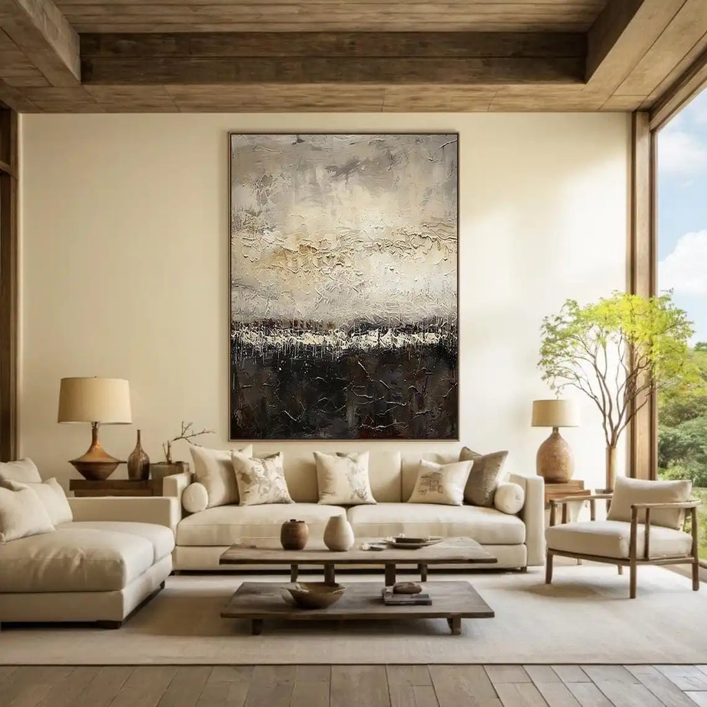Large Creamy Beige Abstract Geometric Oil Painting Modern Wabi Sabi Wall Art Brown Black Minimalist Wall Art Textured Painting