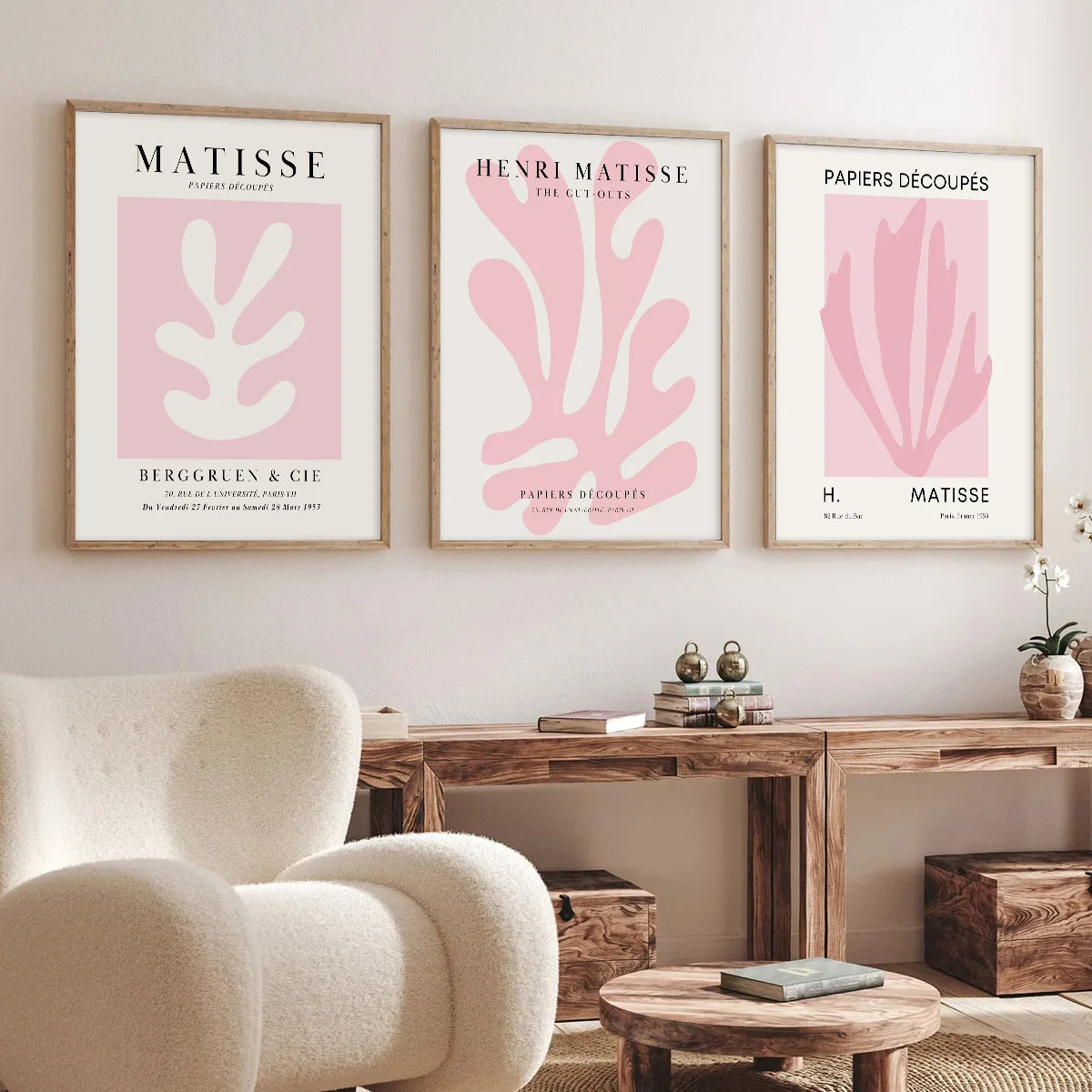 Set of 3 Pink Matisse Abstract Leaf Wall Art Large Canvas Prints, Blush Pink Matisse, Henri Matisse Printed Bedroom Poster, Pink Wall Art for Women, Pink Home Decor, Abstract Art Matisse Prints, Pink Living Room Decor, Pink W