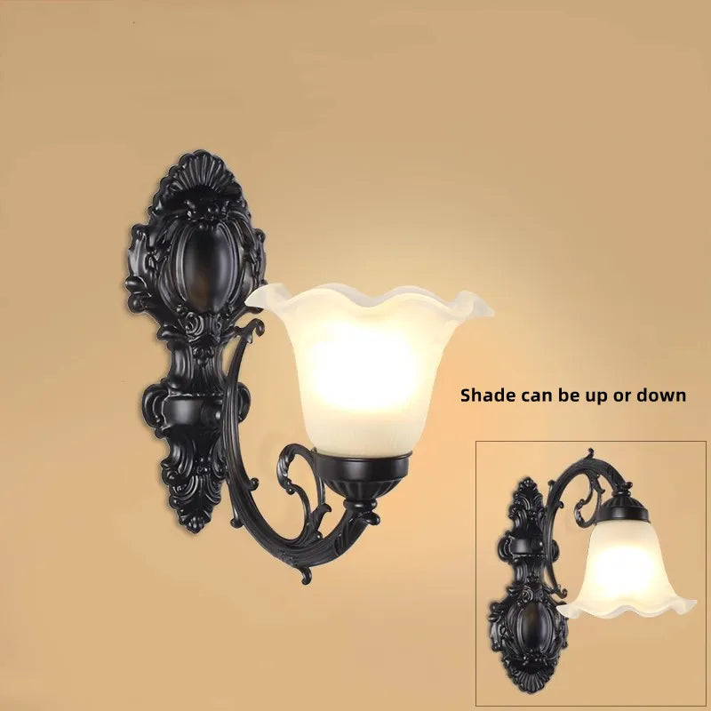 European Wall Lamp LED Sconce Light E27 Retro Metal White Glass Shade For Living Room Home Corridor Indoor Decorative Lighting