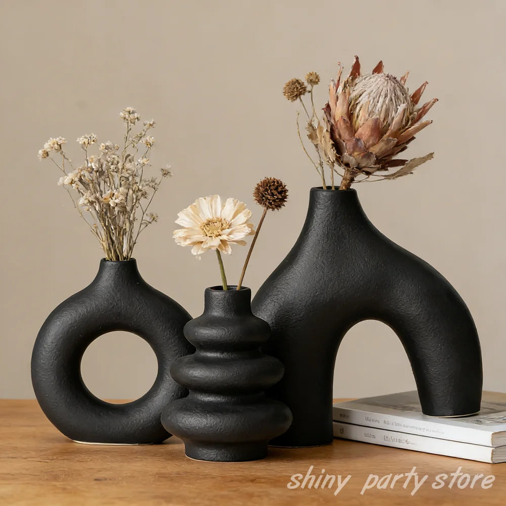 3pcs/set Geometric Vase Plain Fired Ceramic Crafts Home DecorationDesktop Ornaments White Black Flower Vase Window Sill Decor