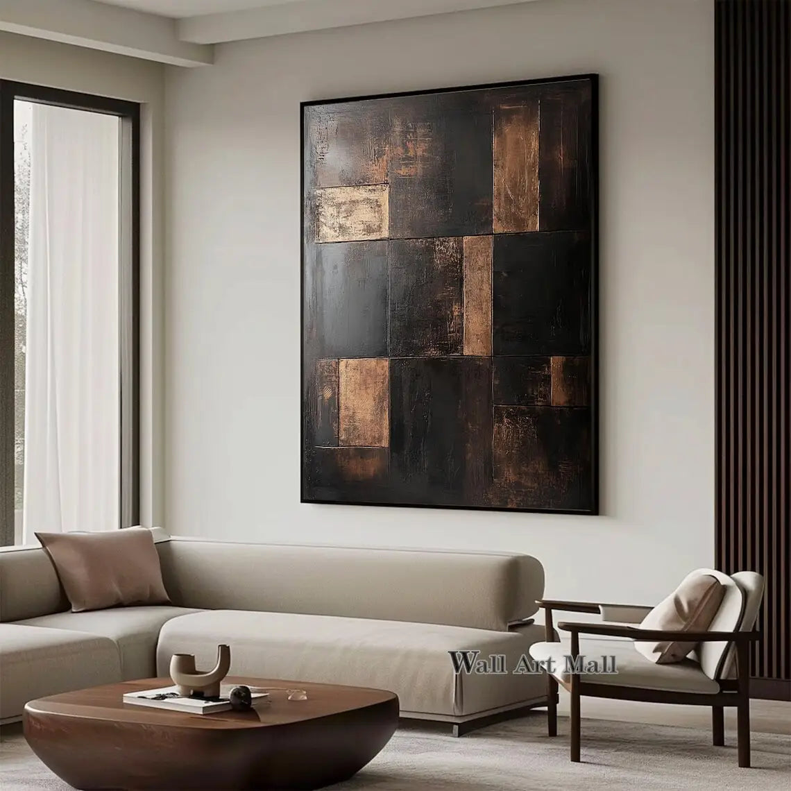 Large Abstract Black and Brown Minimalist Canvas Painting Wabi-sabi Handmade Painting Geometric Painting Gold Texture Wall Art