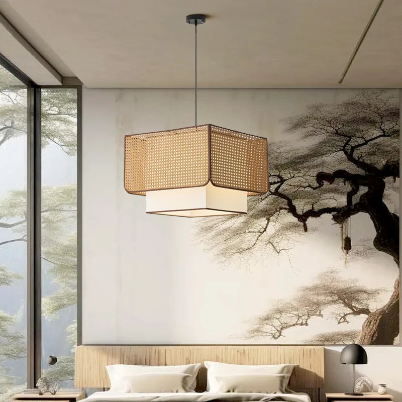 Japanese Wabi Sabi Rattan Pendant Lights Handmade Bamboo Ceiling Chandelier Living Room Dining Restaurant Kitchen Island Light