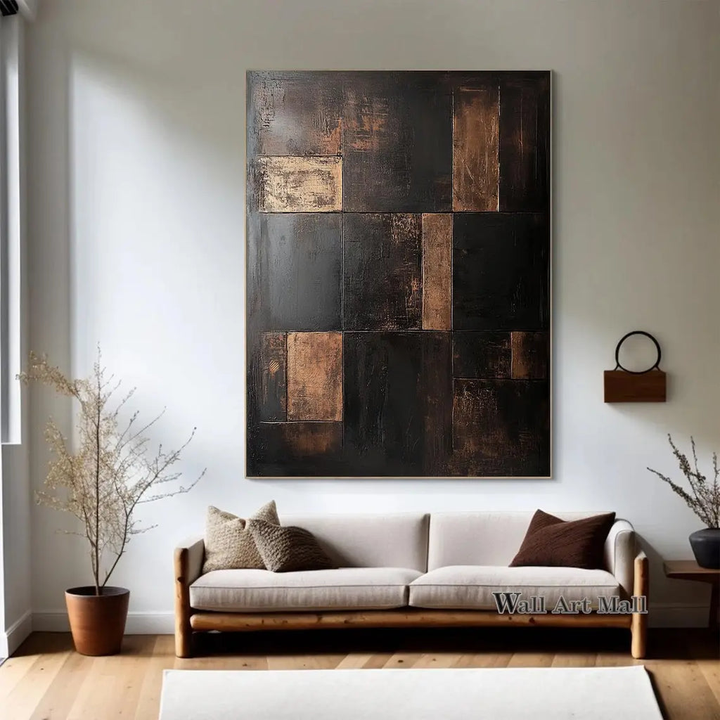 Large Abstract Black and Brown Minimalist Canvas Painting Wabi-sabi Handmade Painting Geometric Painting Gold Texture Wall Art