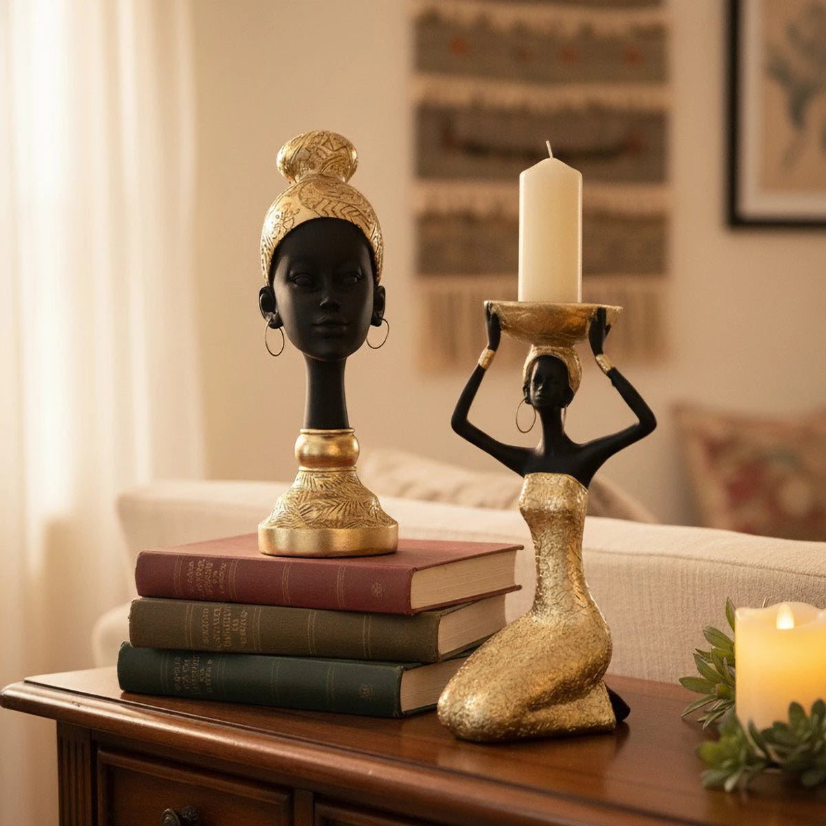 Resin African-Style Sculpture (Black & Gold) , Multi-Functional Decor/Candle Holder for Desk/Shelf, Luxury Home Accent