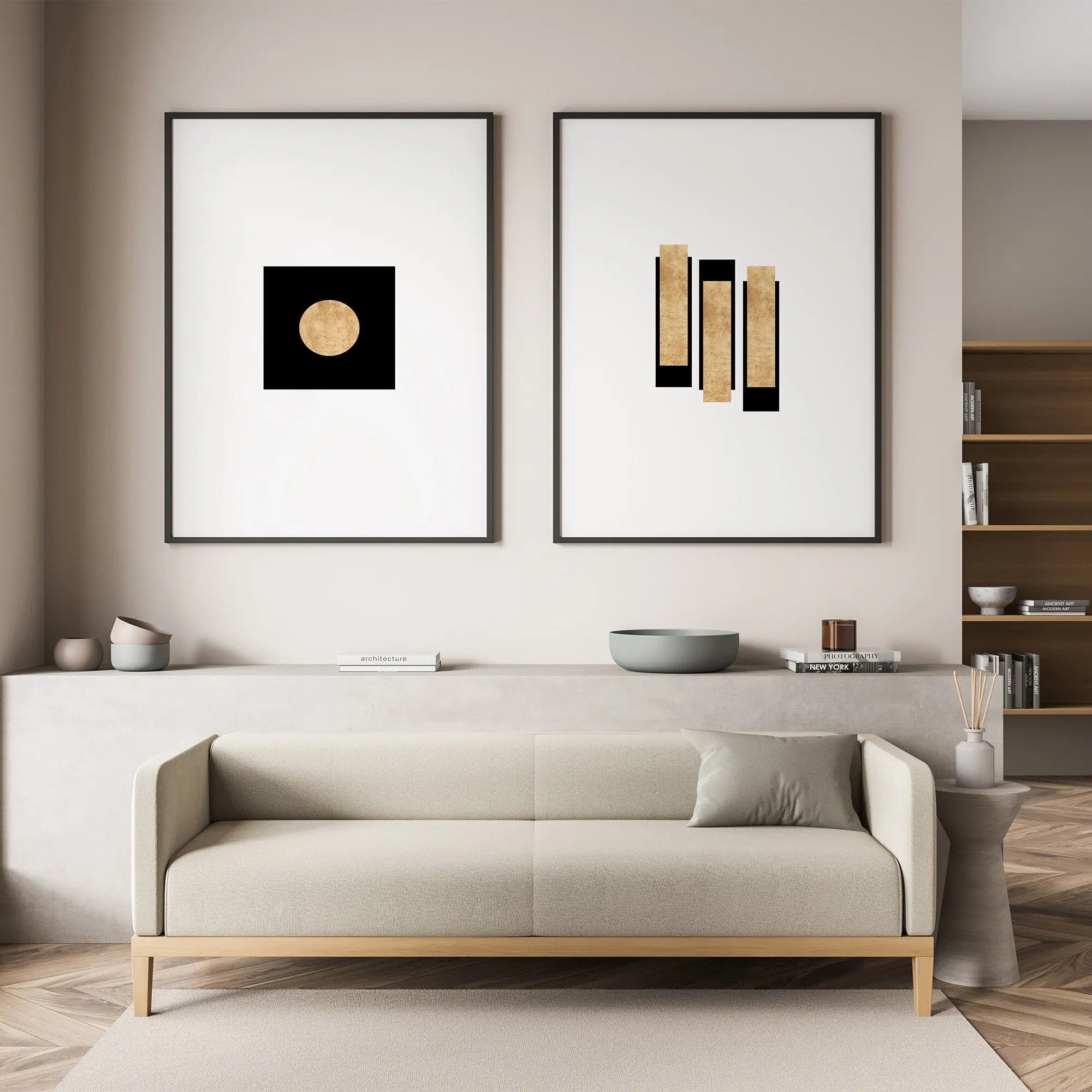 2pcs Modern Wabi-Sabi Geometric Frameless Posters White, and Gold Abstract Frameless Canvas for Home, Bedroom, and Office Decor