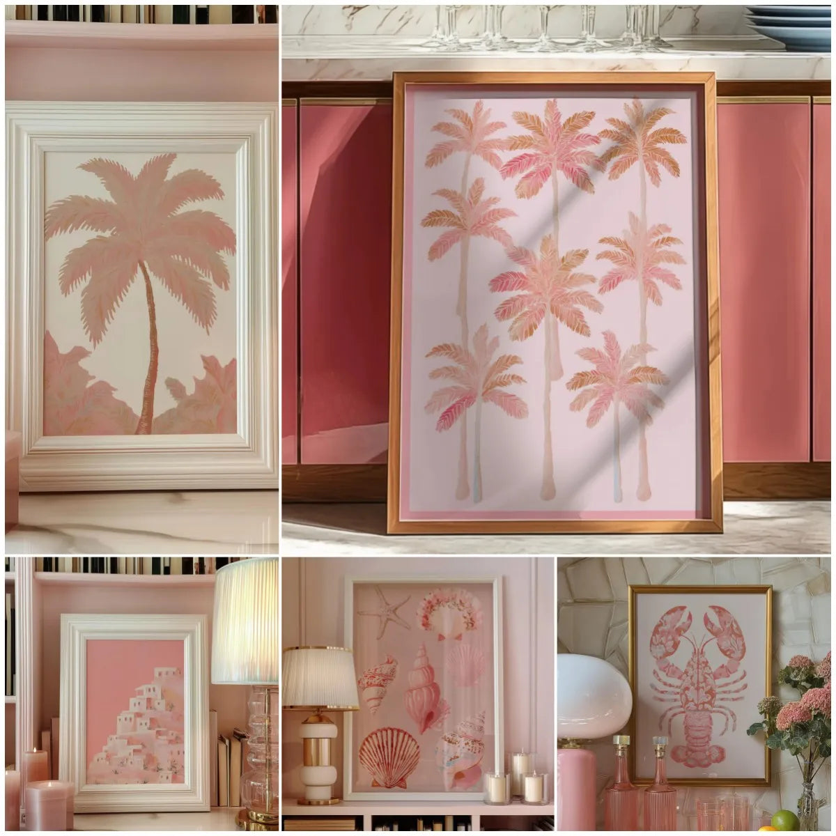 Pink Summer Beach Coconut Tree Wall Art Prints Canvas Poster Picture for Living Room Home Decor Girls Room Decoration Painting