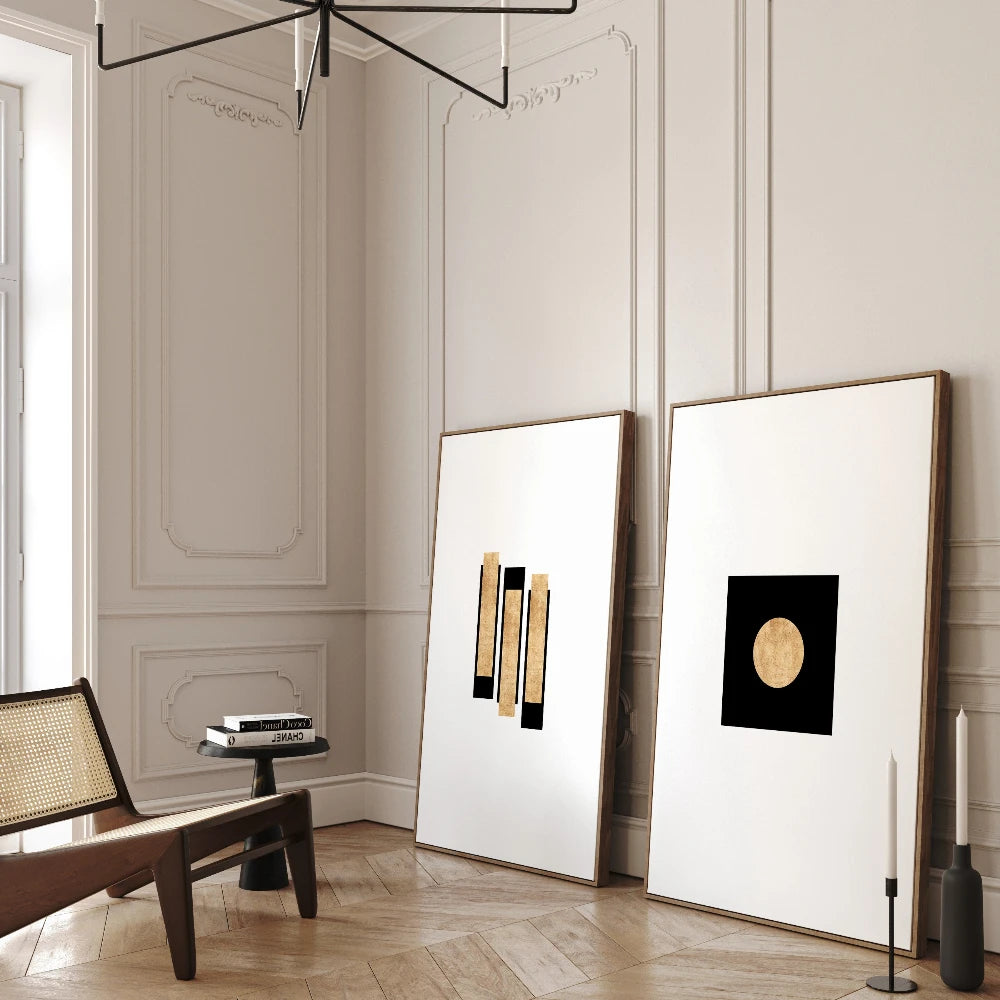 2pcs Modern Wabi-Sabi Geometric Frameless Posters White, and Gold Abstract Frameless Canvas for Home, Bedroom, and Office Decor
