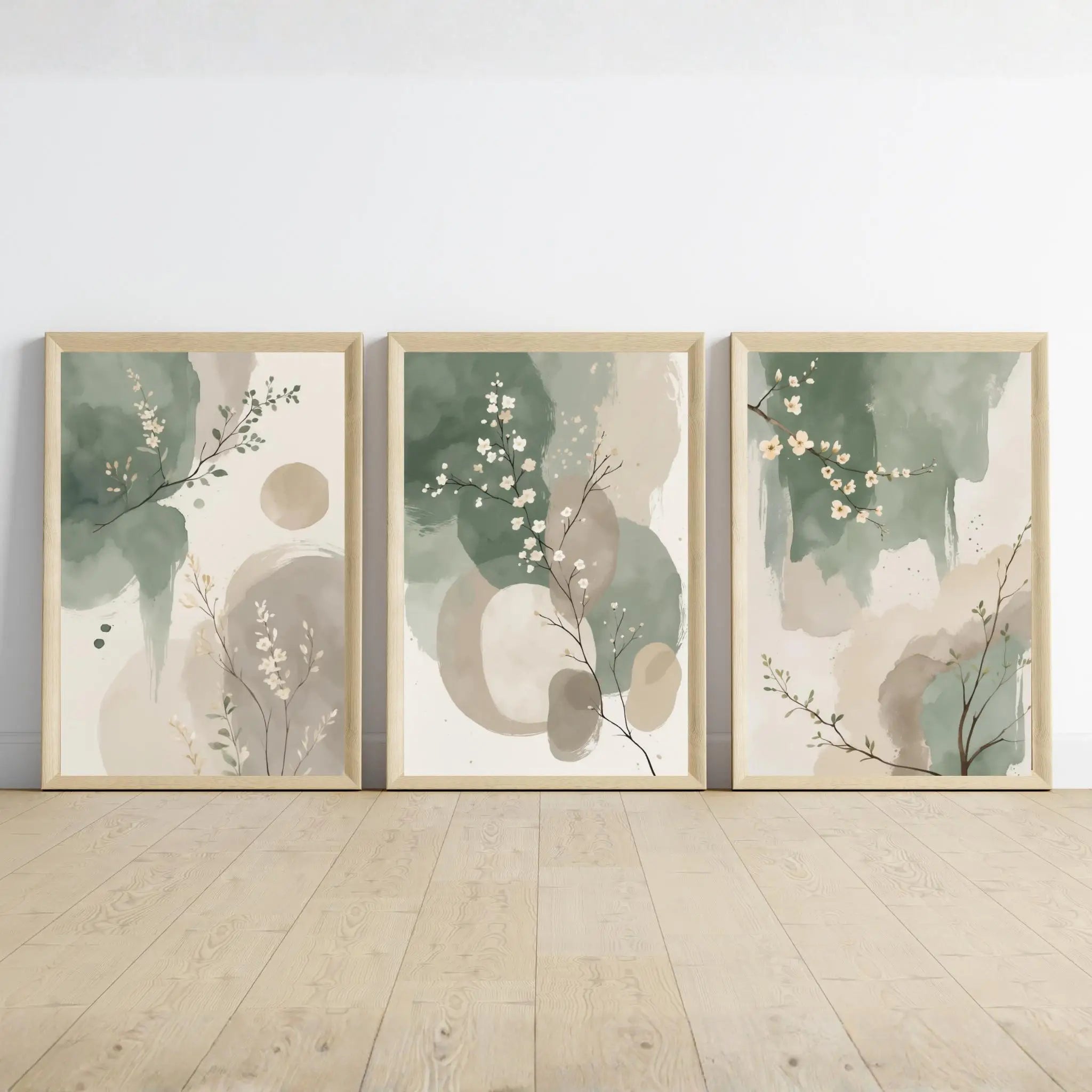 3PC Japandi Botanical Wall Art Poster Abstract Watercolor Leaves Sage Spring Green Beige Prints Modern Zen Decor Home Decor
