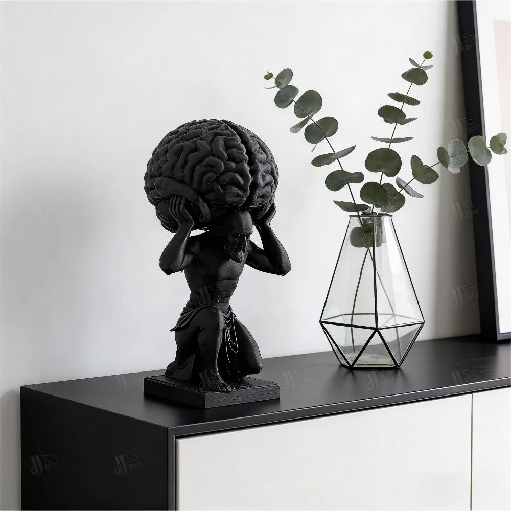 1pc Black "Mind Over Matter" Brain-Bearer Art Figurine, suitable for philosophical study decor & distinctive office display.